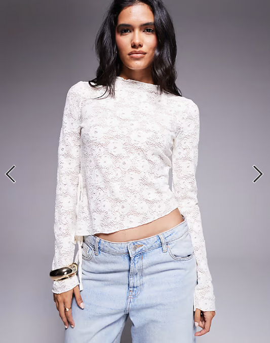 Brave Soul high neck long sleeve lace top with assymetric hem in cream