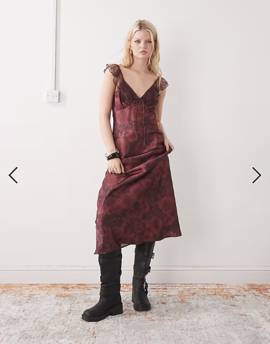 Reclaimed Vintage maxi cami tea dress with flutter lace sleeves in burgundy red floral print