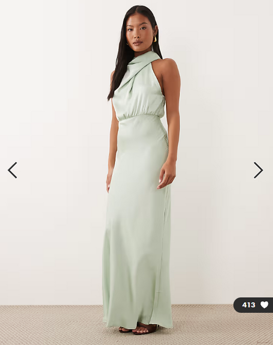 Vila Petite high neck satin maxi dress in sage green
