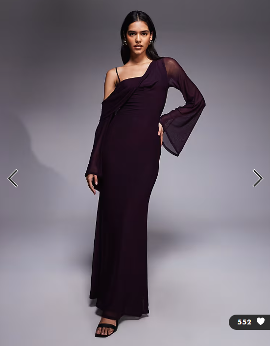 ASOS DESIGN mesh folded neckline midi dress with fallen shoulder in plum