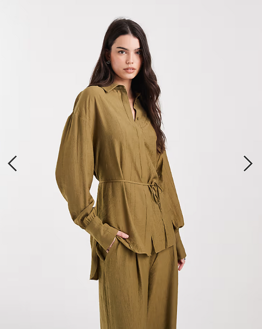 ASOS DESIGN wrap front double tie mensy shirt co-ord in olive