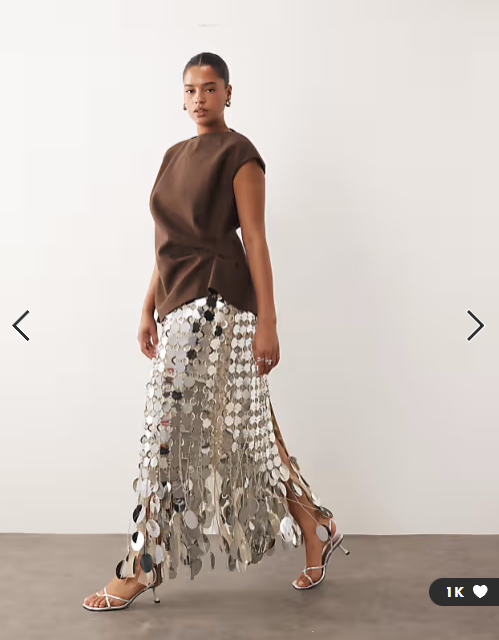 ARRANGE Curve futurist sequin fringe hem midi skirt in silver tone