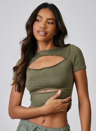 Khaki jersey multi cut out top