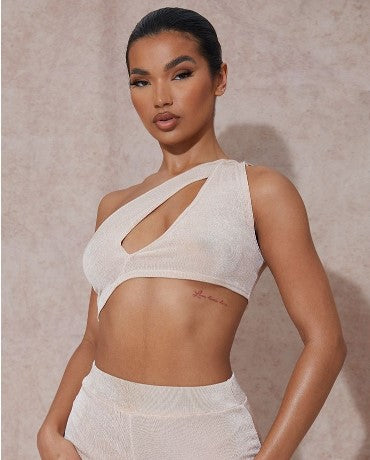 ALMOND ACETATE SLINKY CUT OUT ONE SHOULDER CROP TOP