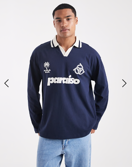 ASOS DESIGN oversized long sleeve polo with sports graphic in navy