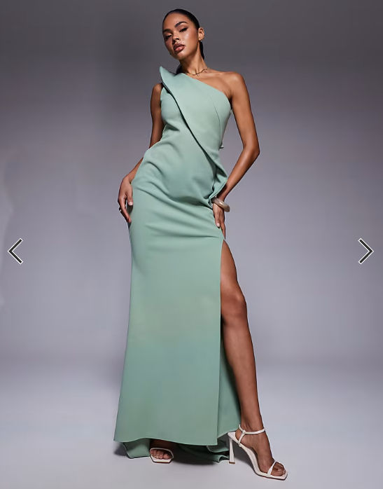 ASOS DESIGN Premium maxi dress with exaggerated sharp neckline in sage green scuba-style fabric
