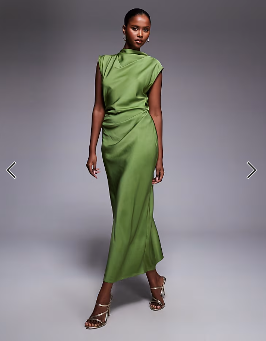 ASOS DESIGN satin high neck pleated bodice midi dress in olive green
