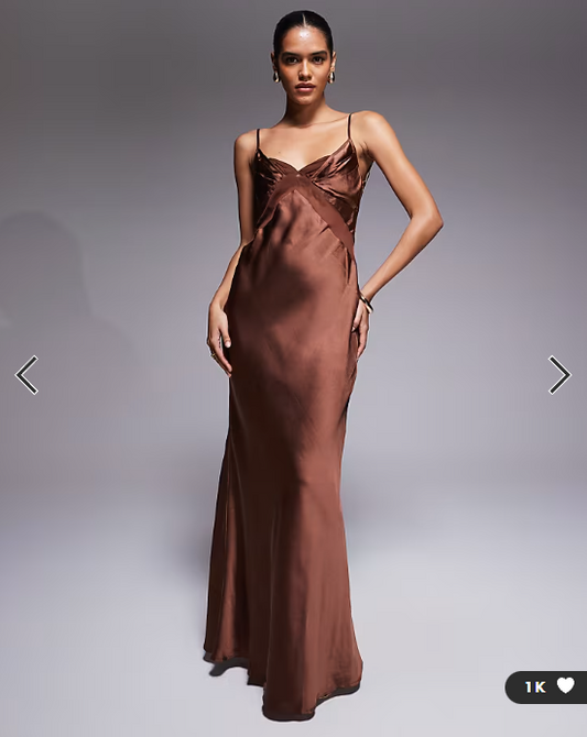 ASOS DESIGN satin chiffon mix bust panelled maxi dress in chocolate