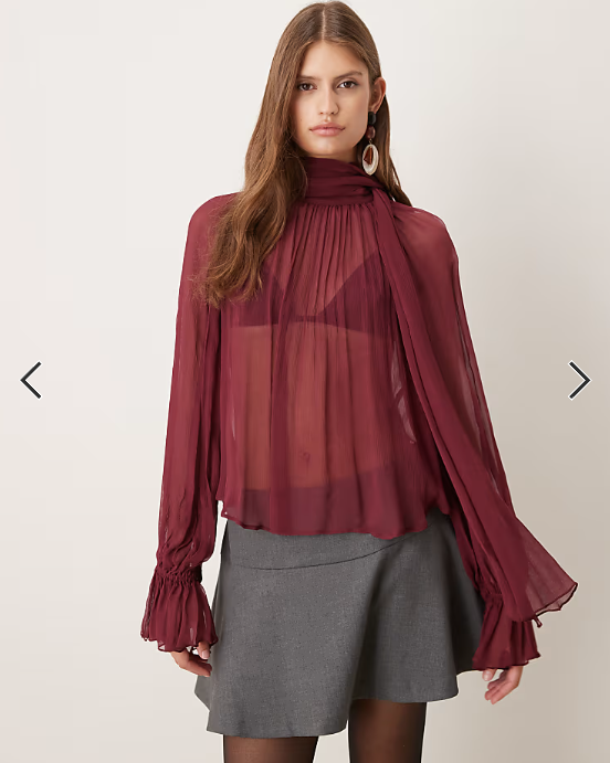 Mango gathered neck blouse in dark red