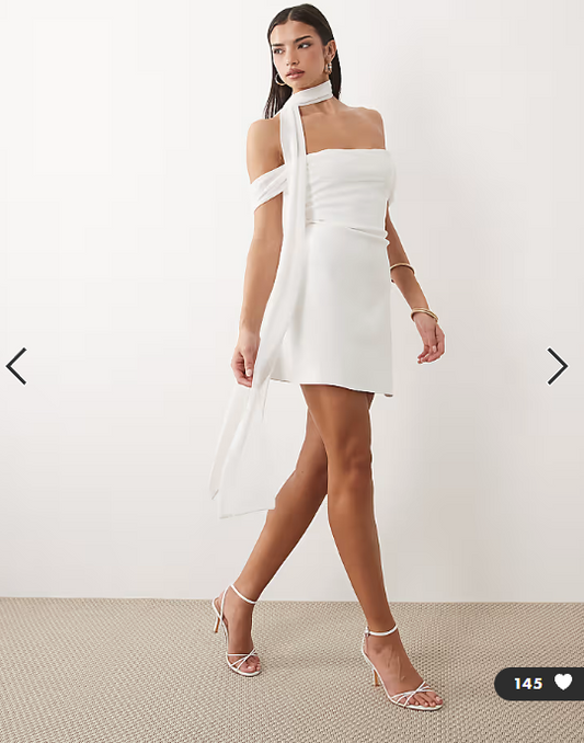 ASOS DESIGN bonded crepe bardot mini dress with sheer scarf detail in ivory
