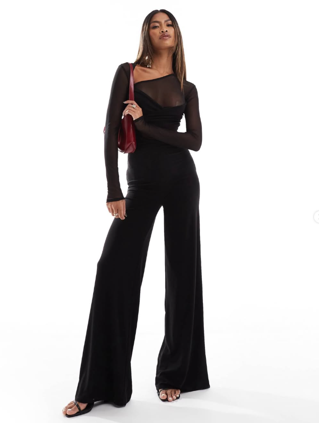 Asos - long sleebe mesh mix jumpsuit with twist bust in blaxk