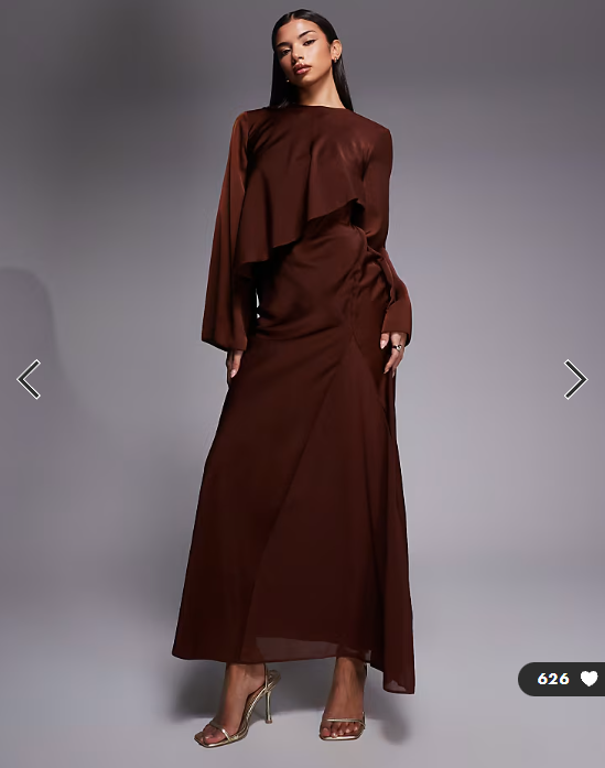 ASOS DESIGN satin long sleeve cape detail maxi dress in chocolate