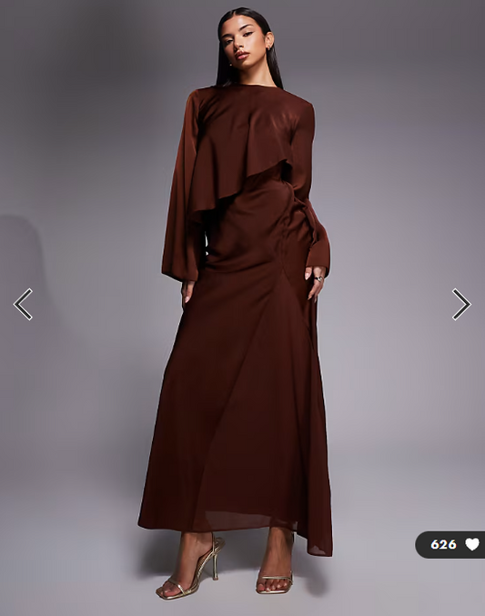 ASOS DESIGN satin long sleeve cape detail maxi dress in chocolate