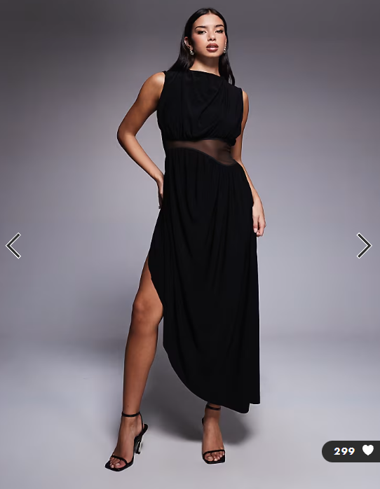 ASOS DESIGN midi dress with cowled skirt and mesh cut out detailing