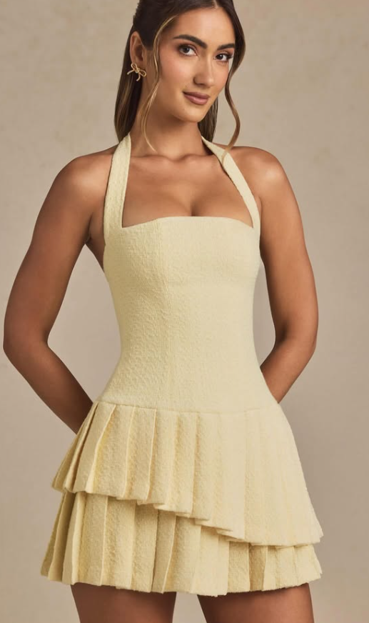 OhPolly-Asymmetric Layered Halterneck Mini Dress in Pastel Yellow