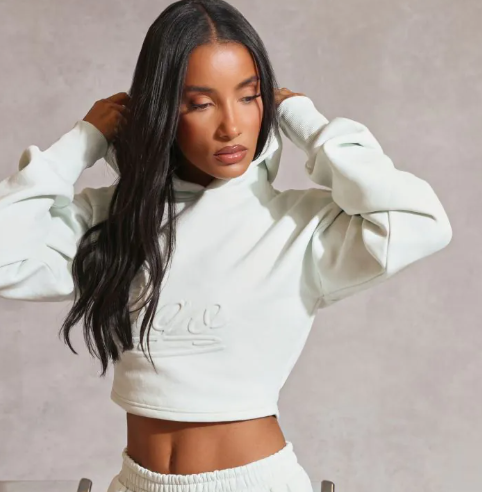 Long Sleeve 'Ego' Embossed Graphic Detail Cropped Hoodie In Mint Green