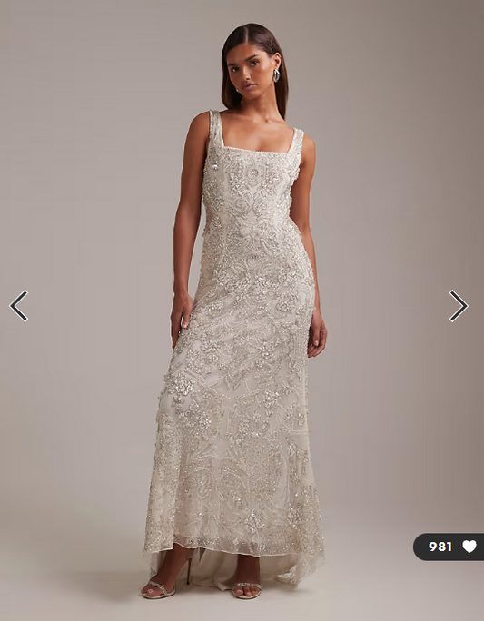 ASOS DESIGN ornate crystal embellished square neck maxi wedding dress in ivory