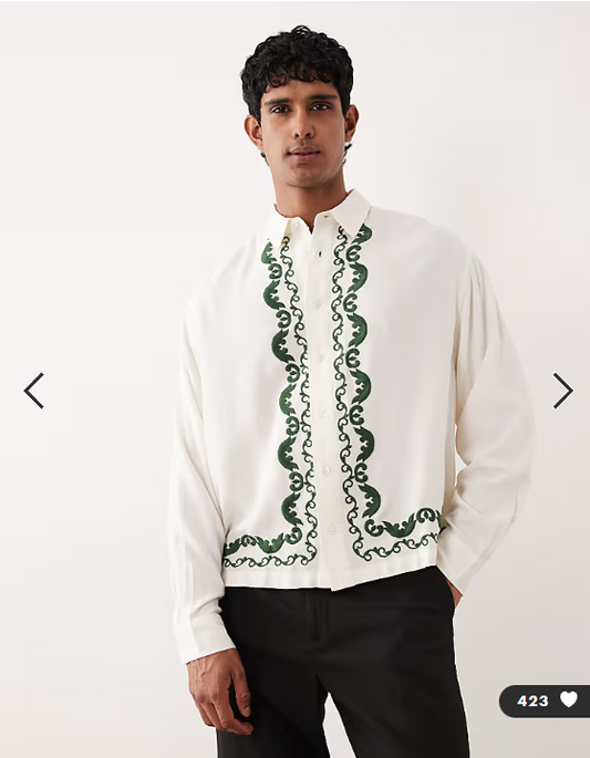 ASOS DESIGN boxy oversized shirt with border embroidery in beige