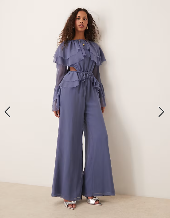 ASOS DESIGN exaggerated ruffle sleeve jumpsuit with cut out waist in blue
