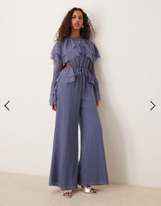 ASOS DESIGN exaggerated ruffle sleeve jumpsuit with cut out waist in blue
