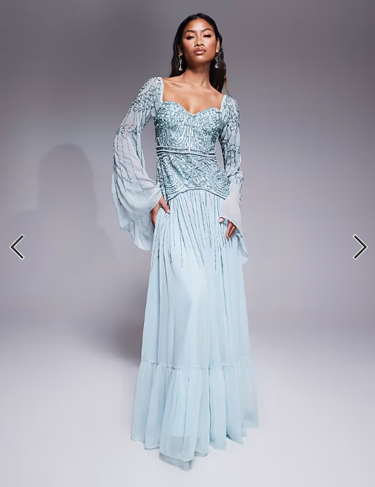 ASOS DESIGN fluted sleeve maxi dress with placement embellishment in aqua blue