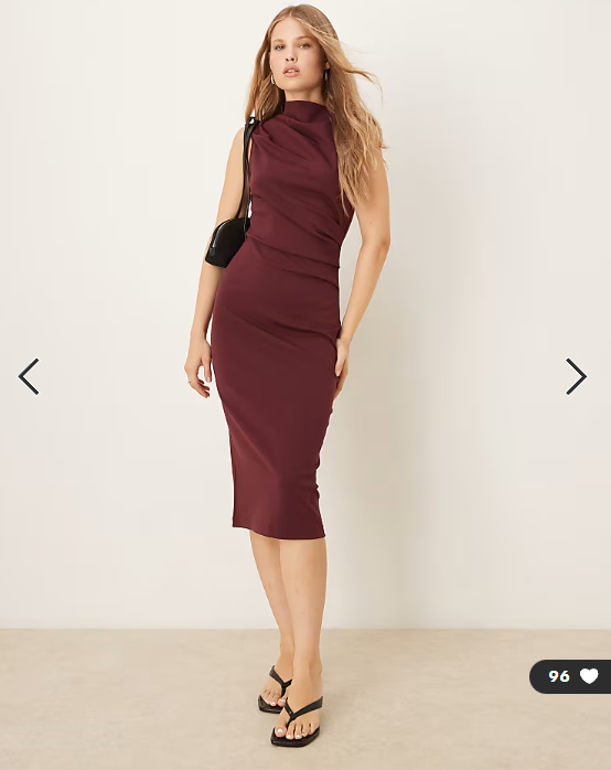 Mango ruched detail high neck sleeveless midi dress in dark red