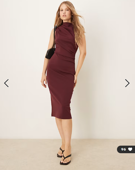 Mango ruched detail high neck sleeveless midi dress in dark red