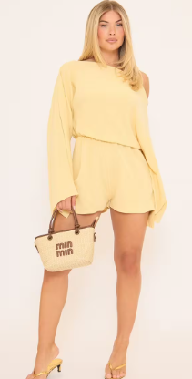 Ego - Linen Off The Shoulder Flare Sleeve Playsiit In Yellow