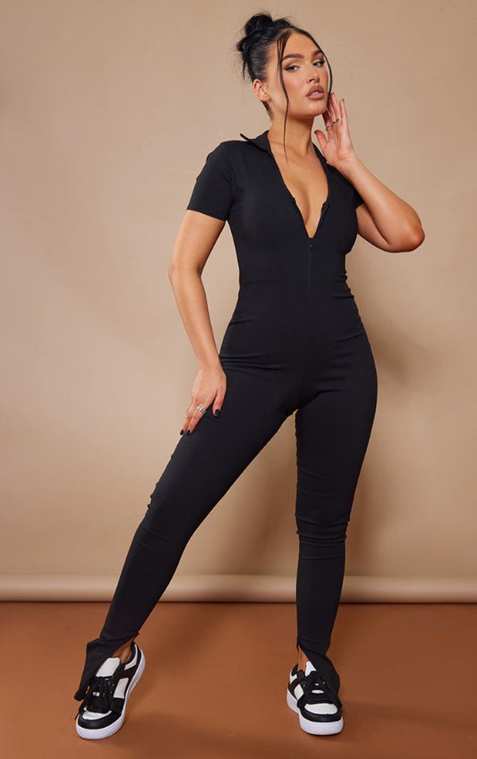 Black Stretch Woven Zip Front Collar Detail Jumpsuit