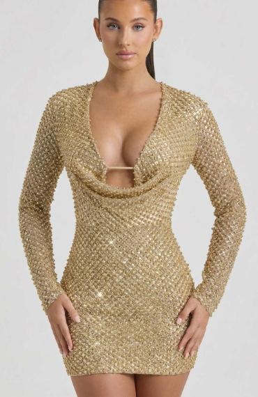OhPolly-Embellished Cowl-Neck Mini Dress in Gold