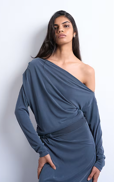 Topshop cupro long sleeve bardot twist detail top co-ord in charcoal grey