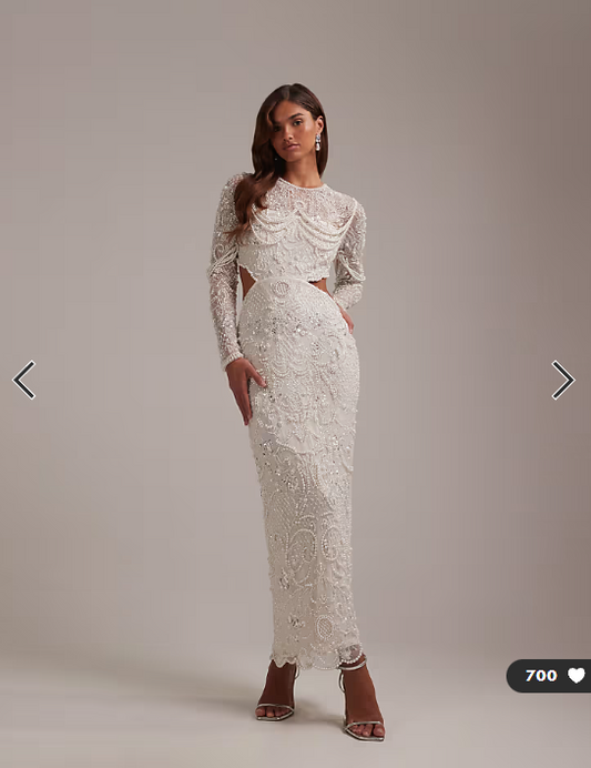 ASOS DESIGN ornate pearl embellished column maxi wedding dress with cut away waist in ivory