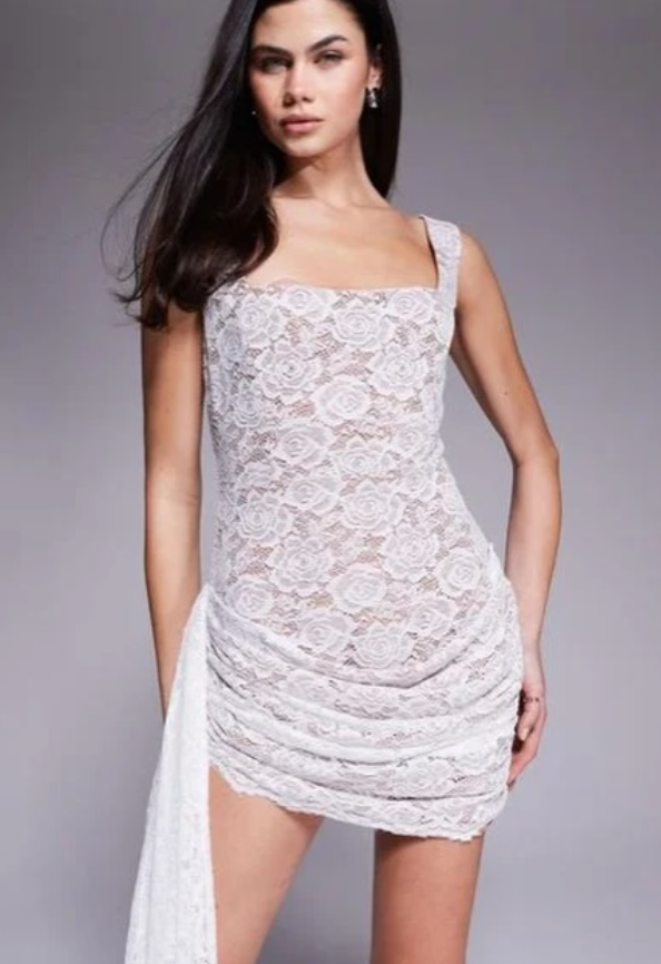 The Dolls House - Circa Cindy Lace square neck mini dress with drape in ivory