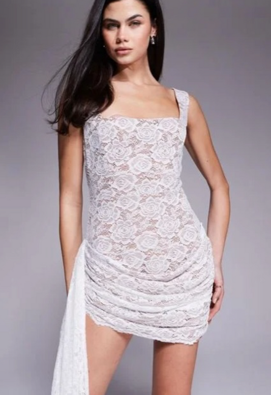 The Dolls House - Circa Cindy Lace square neck mini dress with drape in ivory