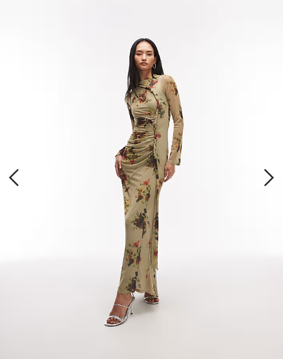 ASOS DESIGN printed mesh long sleeve maxi dress with twist detail in green floral print