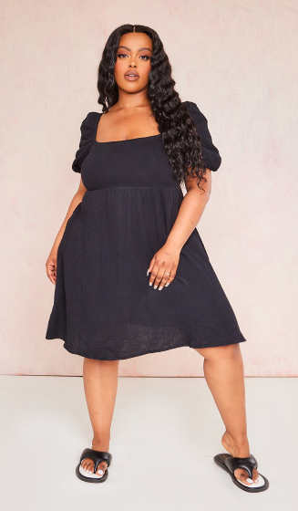 Plus black textured linen look puff sleeve shift dress