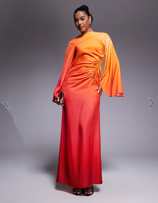 ASOS DESIGN exaggerated sleeve bias maxi dress with ruched waist in ombre