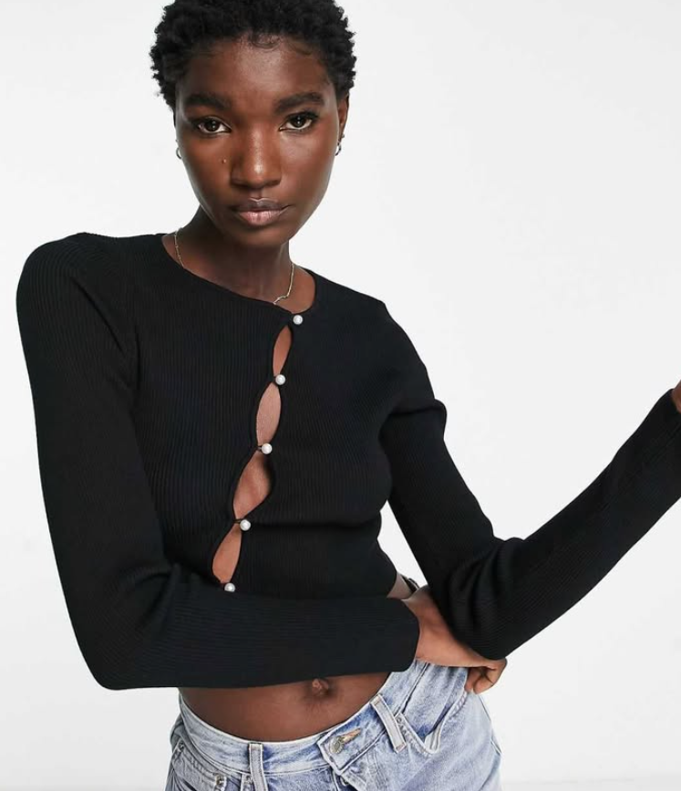 NA-KD fine knit vest with pearl detail in black