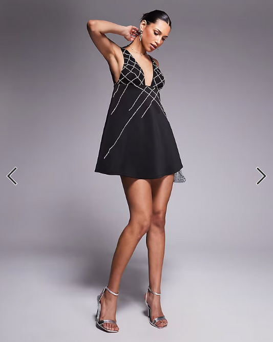 ASOS DESIGN plunge a-line mini dress with diamante embellishment in black scuba-style fabric