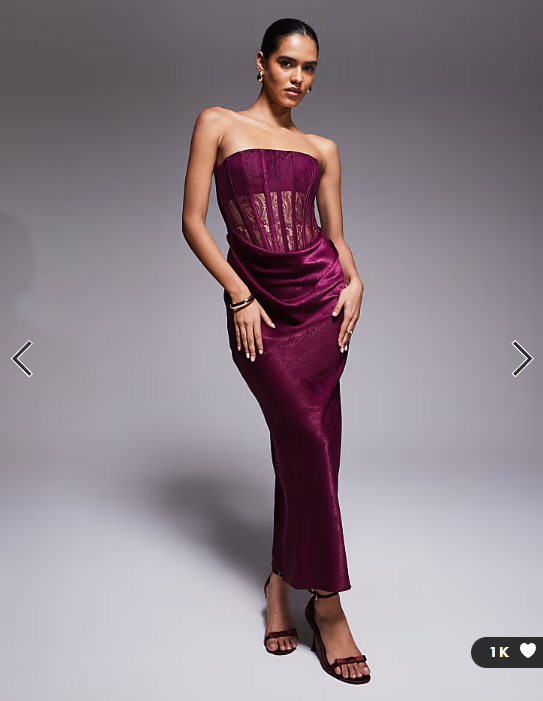 ASOS DESIGN lace corset detail maxi dress with satin draped skirt in mulberry