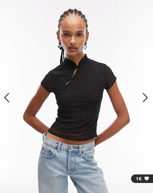 ASOS DESIGN hot fix sheer mesh top with rouleau loop button detail in black