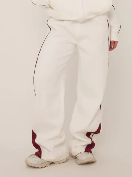 Burgundy Contrast Stripe Straight Leg Joggers In Cream