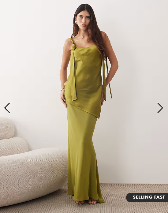 ARRANGE tie shoulder satin maxi dress in olive green