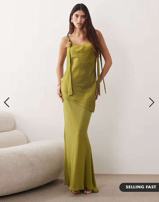 ARRANGE tie shoulder satin maxi dress in olive green
