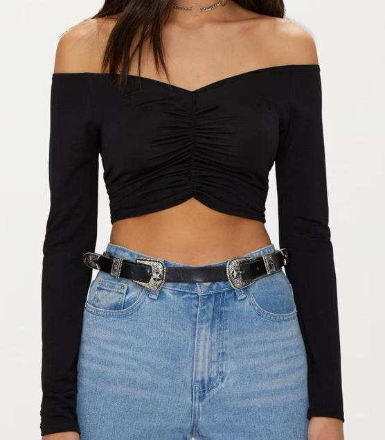 Black Slinky Ruched Front Long Sleeve Crop Top