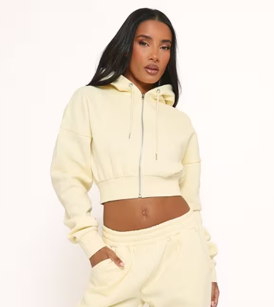 Long Sleeve Zip Up Front Cropped Hoodie In Lemon