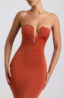 OhPolly - Orange Plunge Dress Kehlani Slinky Jersey Hardware Detail Strapless Maxi Dress