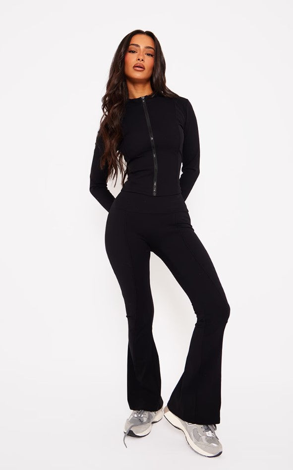 Petite Black Contour Sculpt Seam Detail Flared Trousers