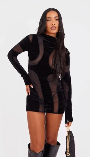 Black Velvet Mesh Insert Long Sleeve Bodycon Dress