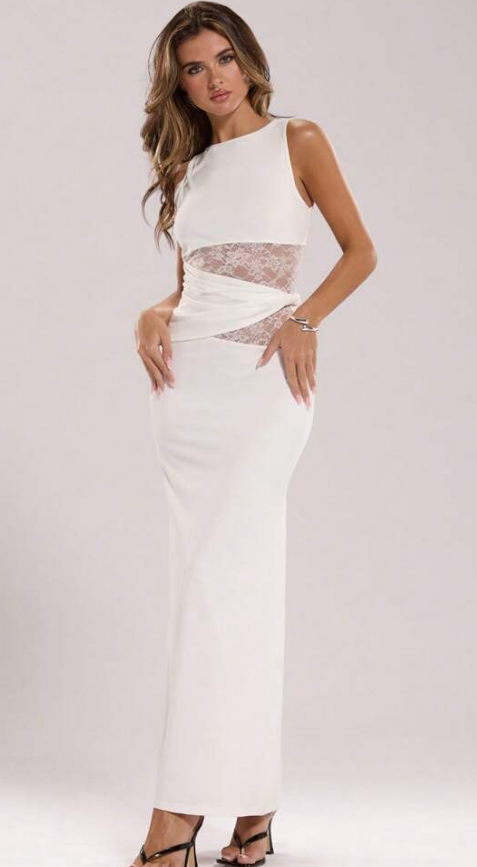 Ego - Racer Neck Contrast Lace Cut Out Maxi Dress In White